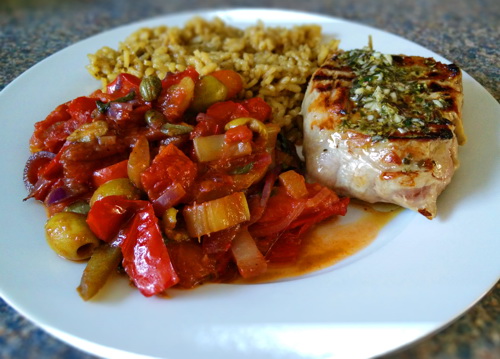 Ribeye e caponata di peperoni